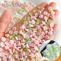 30Pcs/Bag Rose Design Nail Charm 3D Mixed Pearl Beads Rhinestone Round Flower Nail Decoration Romantic Valentines Supplies