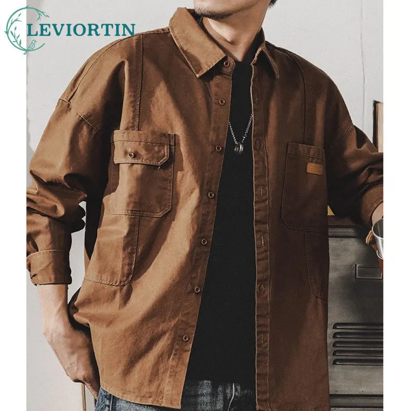 

2025 Spring and Autumn Men's Trendy Retro Military workwear Outerwear Multi Pocket Hardman Hunting Robe Long Sleeve Shirt