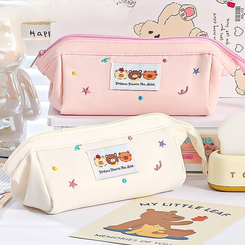 

Cute Cartoon INS Pencil Case for Kids Girl Animal Bear Embroidery Japanese Stationery Organizer Large Capacity Soft Pen Bag