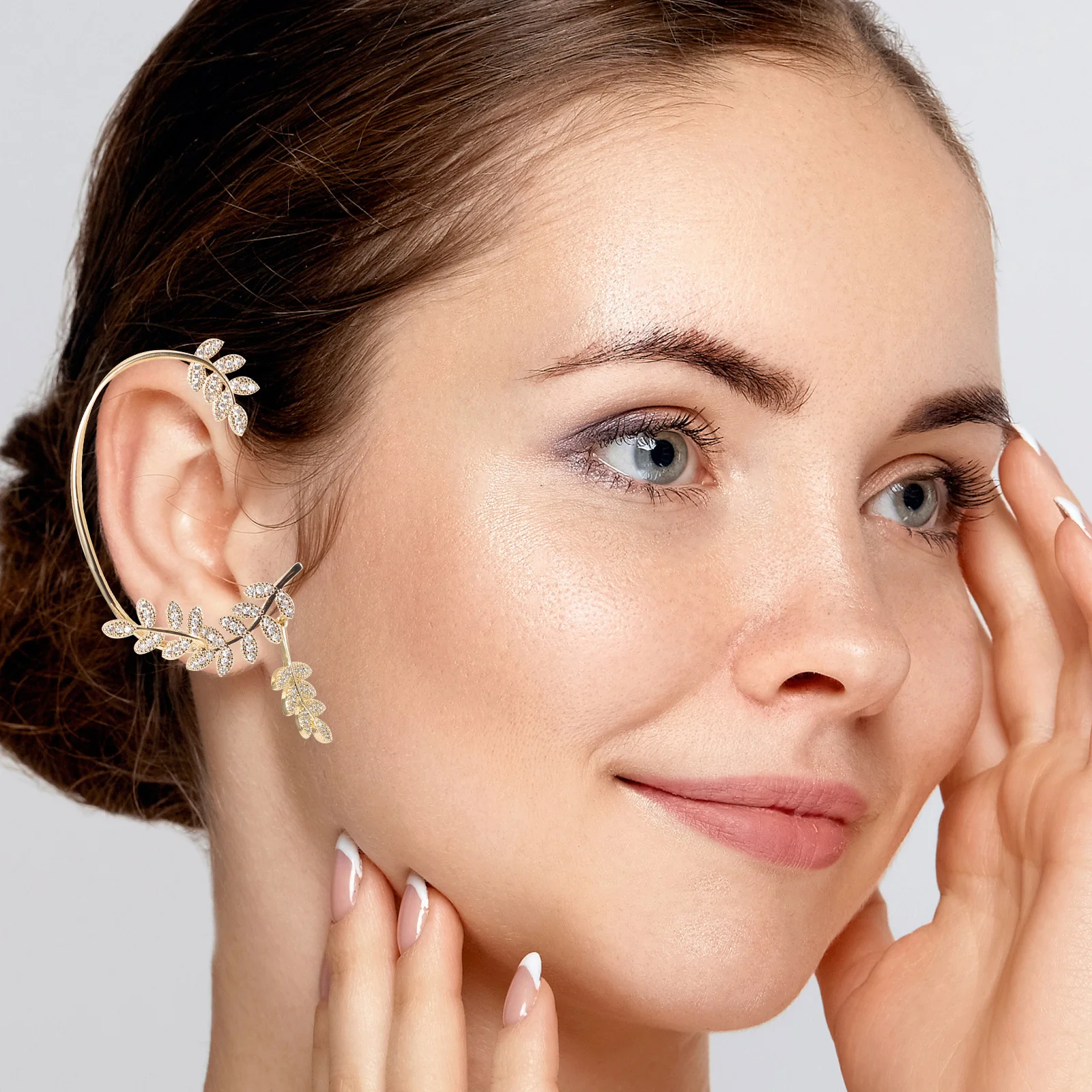 Pendientes de Hoja, Rama de Árbol Dorada, Pendientes de Aro con Pedrería, Pendientes de Metal sin Perforación para Mujer, para Fiestas y Bodas