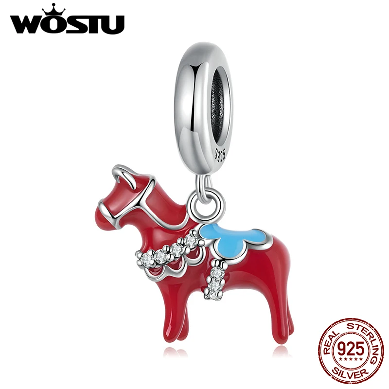 WOSTU 925 スターリングシルバーレッドダルラーナ馬ペンダント動物チャームフィット DIY ブレスレットネックレス女性家族娘ジュエリーギフト
