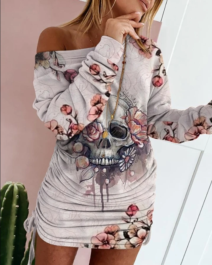 Personalized Printed Dress 2024 New Women's Halloween Skull Flower Printed Drawstring Diagonal Shoulder Long Sleeved Dress