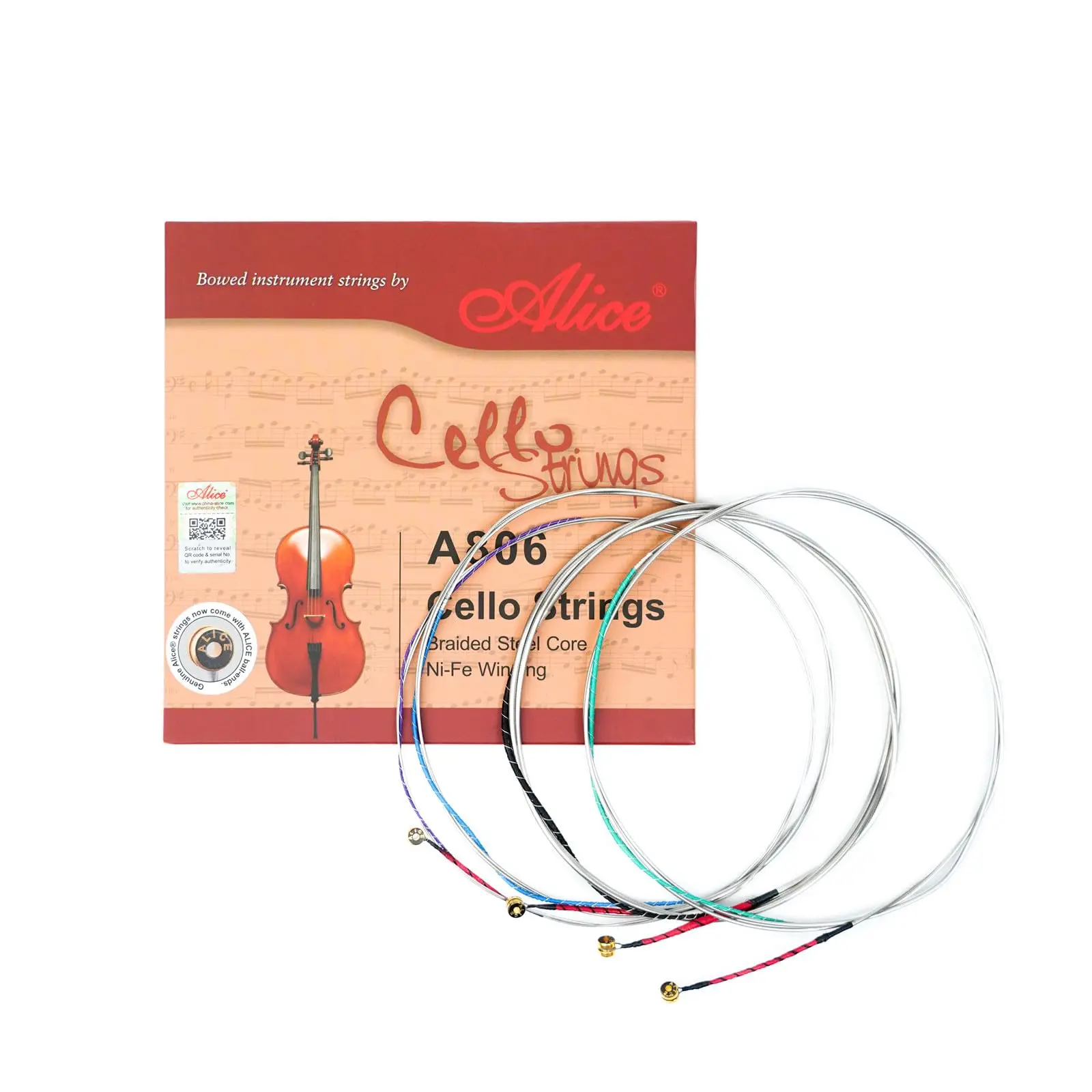 A806 4/4 Cello Strings Set/4 Strings-Braided Steel Core with Ni-Fe Winding Cello String for 4/4 Cellos-Clear & Balanced Tone