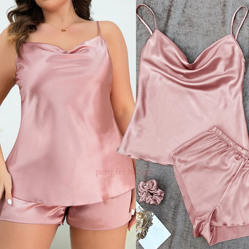 Sexy Women Satin Nightwear Chemise Pajamas Suit New Sleepwear Cami&shorts 2Pcs Pyjamas Lady Summer Night Outfit Big Size 4Xl 5Xl