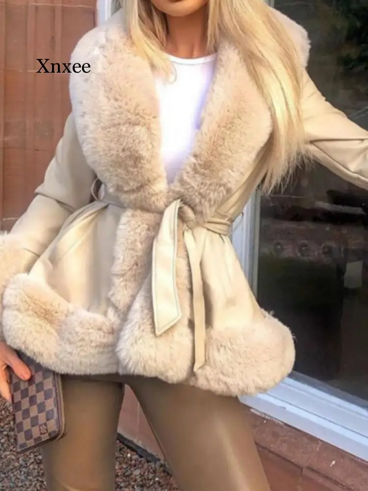 Abrigos cortos de cintura alta con cinturón de corbata para mujer, chaquetas de cuero PU elegantes con bolsillos laterales, chaquetas cálidas de piel sintética para invierno