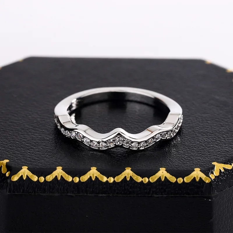 

New 925 Silver Sweet Romantic Wavy Print Full Diamond Zircon Ring Women's Band Ring Party Wedding Jewelry Gift