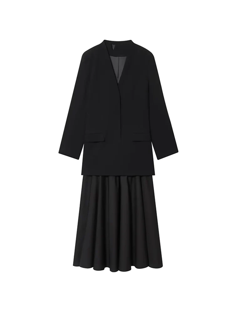 TFMLN المرأة السترة لصق ميدي فستان موضة جديدة الخامس الرقبة دعوى تقسم ركاب فستان طويل أنيق الإناث أنيق OL وتتسابق