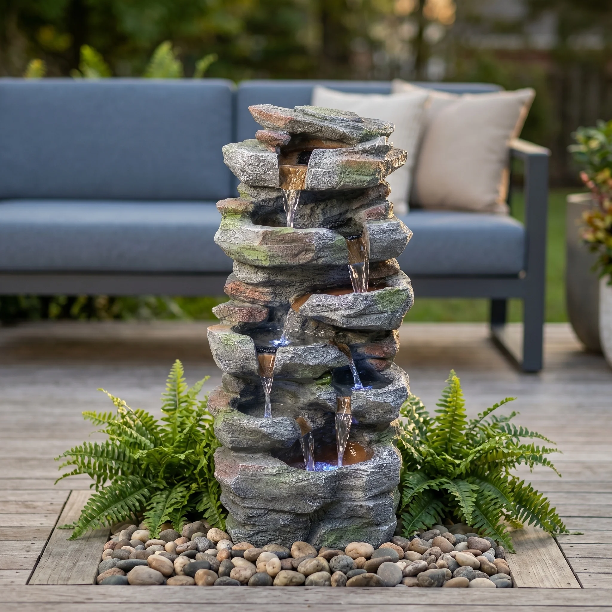Rock Waterfall Outdoor Fountain with LED Lights, Cascading Resin Garden Water Feature for Patio Lawn Backyard, Easy Setup Yard Decor