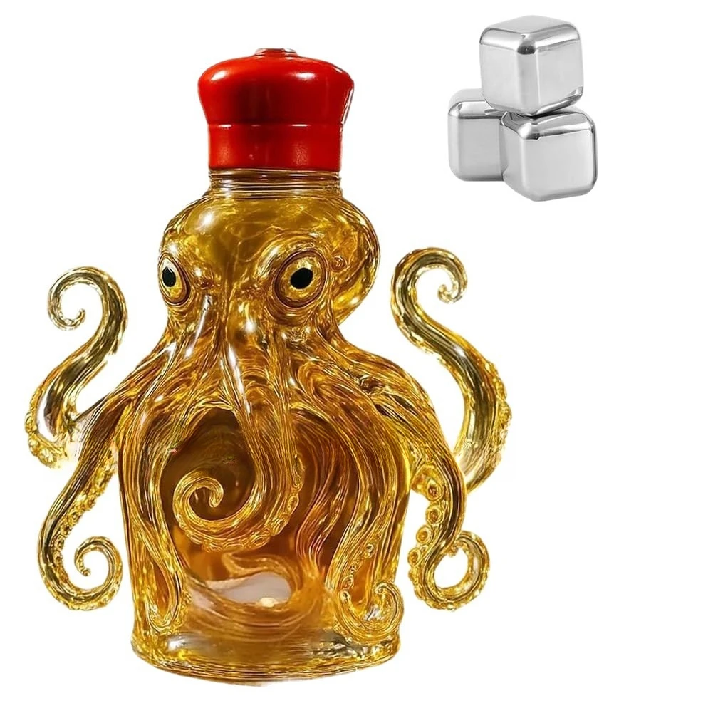 3D Carved Octopus Whiskey Decanter Glass Bottle Home Bar Decor Tabletop Ornament Ocean Theme Sculpture Liquor Storage Container view 5