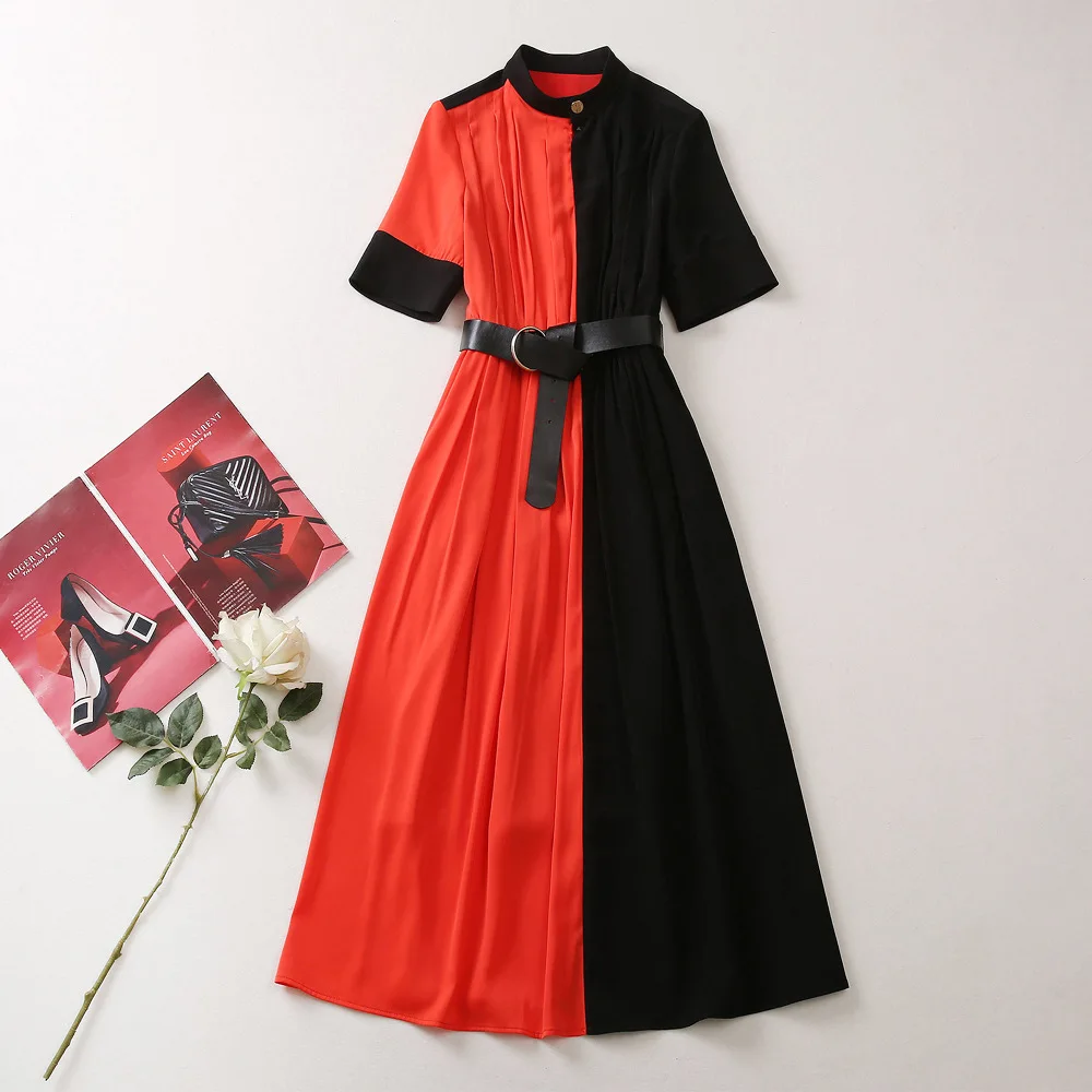 ZJYT Summer Designer Runway Elegant Dresses for Women 2025 New Short Sleeve Hit Color Midi Casual Dress Vestidos with Belt