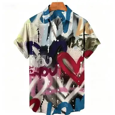 New Street Graffiti Men's Shirt Spray Paint Heart Letter Print Lapel Short Sleeve Light Fabric Urban Trend Male Garments