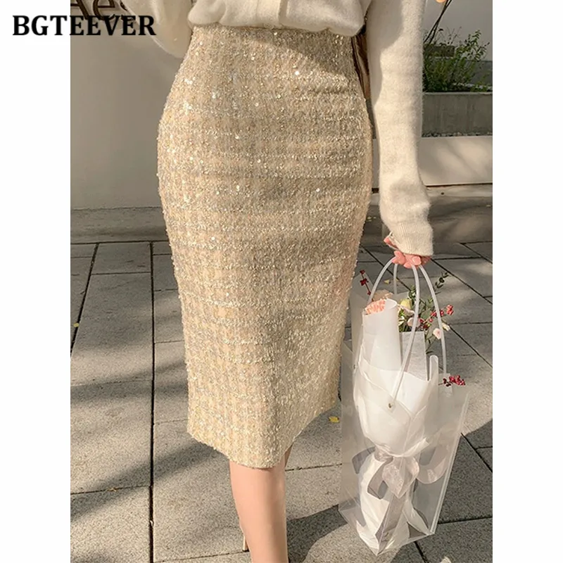 

BGTEEVER Stylish High Waist Package Hip Sequins Skirts Autumn Elegant Slim Ladies Midi Skirts