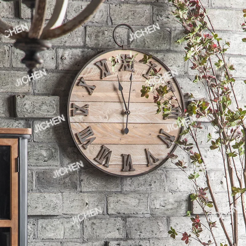 XH New Chinese Retro Old Wooden Round Creative Home Living Room Wall Sofa Background Wall Nostalgic Clock Decoration