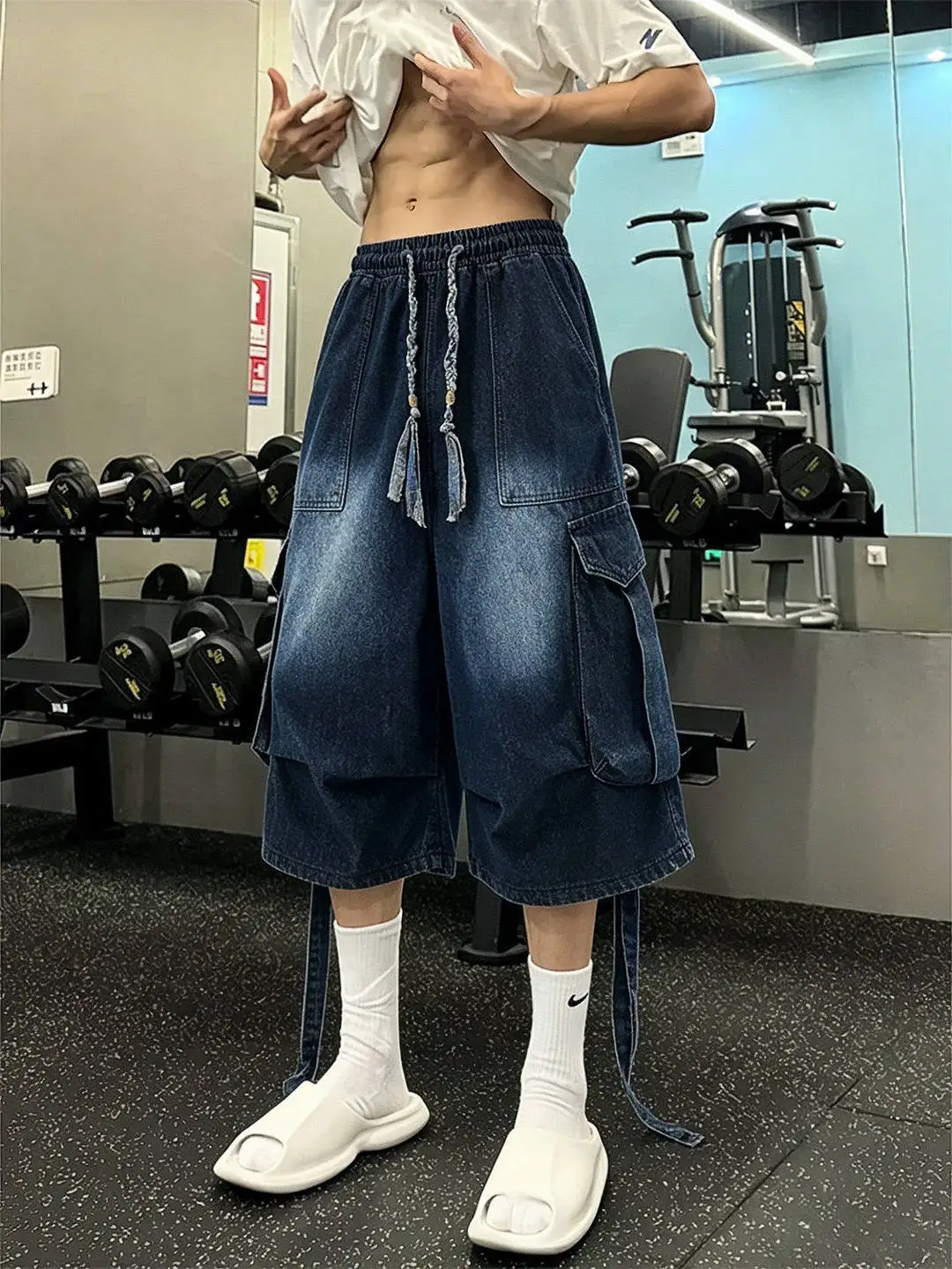 American Style Pleated Workwear Jeans Men's Women's Seven-Foot Straight Leg Wide Leg Pants with Drawstring Design And Pockets