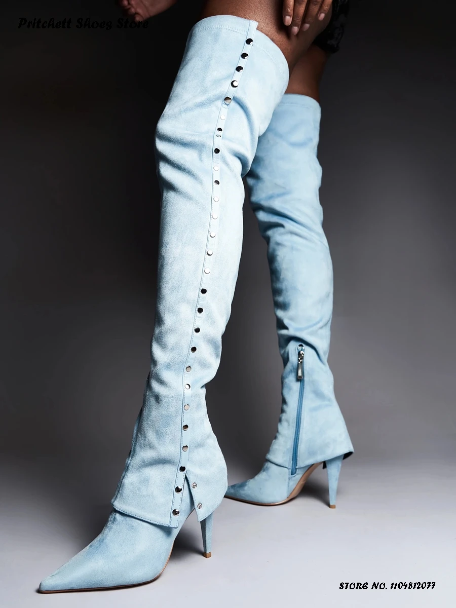 Women's Buttons Closure Thigh Boots Pointed Toe Stiletto Denim Over-the-knee Boots Spring Autumn Side Zipper Trending Shoes