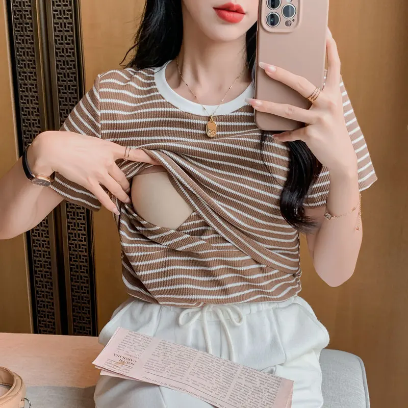 

Striped waffle Cotton Maternity Nursing Tees Breastfeeding t shirts for Pregnant Women Hot Summer Slim Pregnancy T-shirt Tops