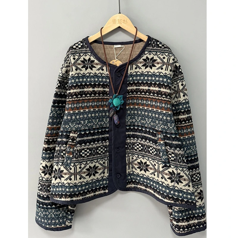 

26 New Arrival Spring/autumn Women Casual Loose Vintage Print O-neck Single Breasted Outerwear & Coats Long Sleeve Jackets Y133