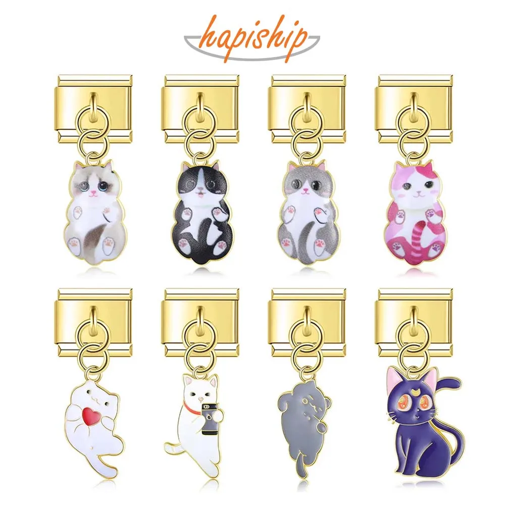 Hapiship 2023 Fashion New Gold Color Cute Cat Charm Italian Links Fit 9mm Stainless Steel Bracelet DIY Making Jewelry DJ671