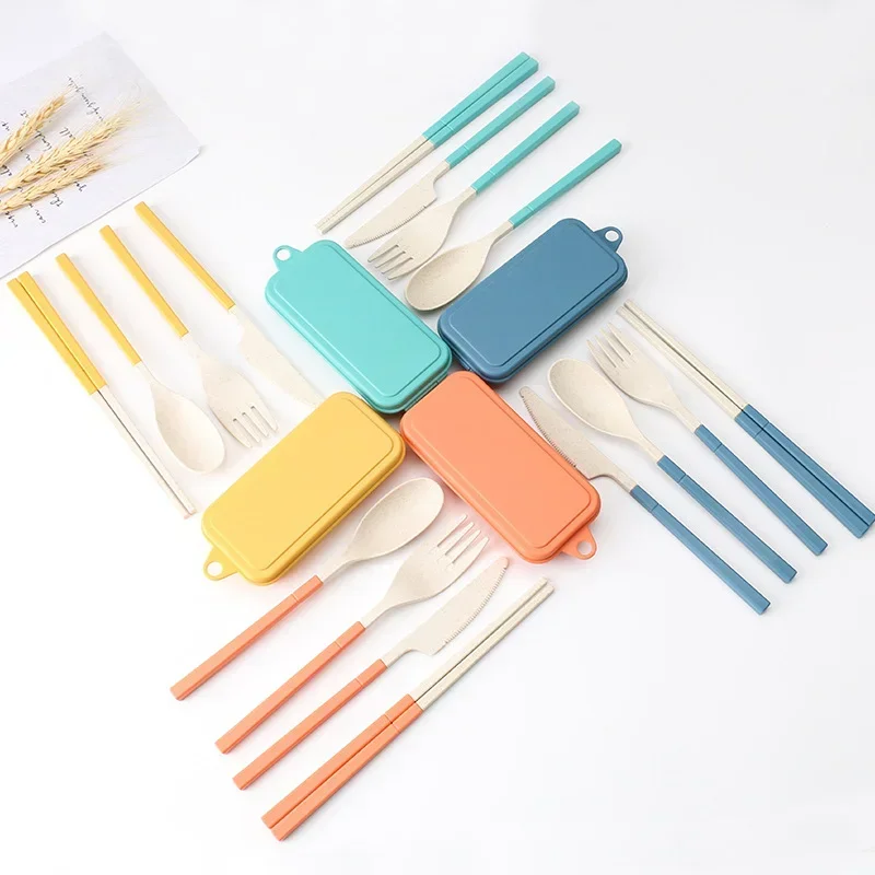 

4PCS Portable Dinnerware Set Eco-friendly Wheat Straw Tableware Detachable Knife Fork Spoon Foldable Travel Cutlery Utensil Box