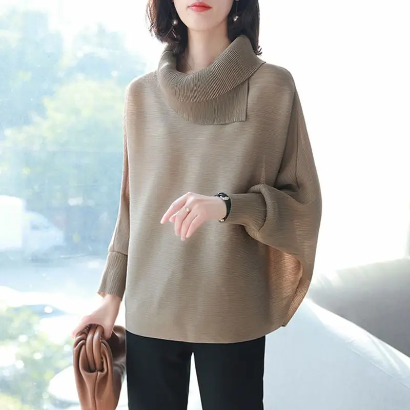 Fashion Solid Color Folds Asymmetrical Blouses Women\'s Clothing 2023 Autumn Winter Oversized Casual Tops Batwing Sleeve Shirts