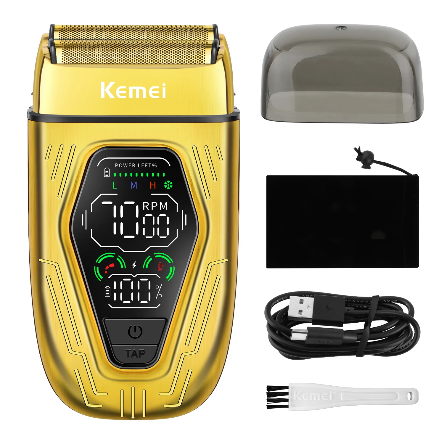 

Электробритва Kemei Gold для мужчин, профессиональная возвратно-поступательная бритва с LED-дисплеем, 3 скоростных режима, перезаряжаемая через USB.