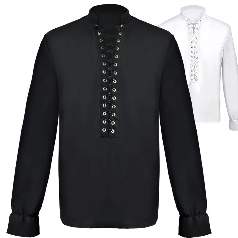 

St Punk Sle Средневековый сценический костюм irt, мужской свободный костюм Roer Look, однотонный топ с люверсами и поясом, костюм на Хэллоуин