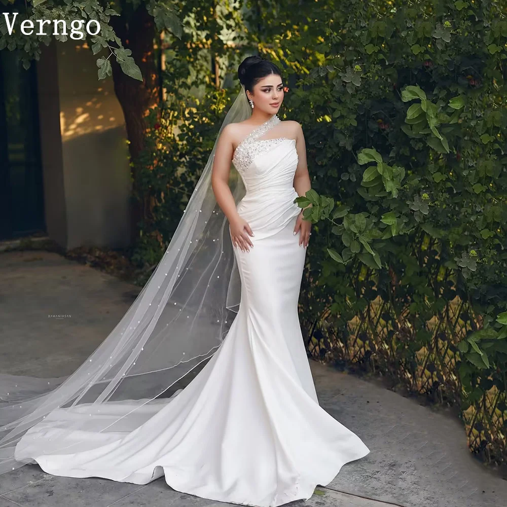 

Verngo Sequined Elegant Wedding Dresses Women Slim Mermaid Tight Bride Gowns One Shoulder Sweap Train Bridal Dress Customized