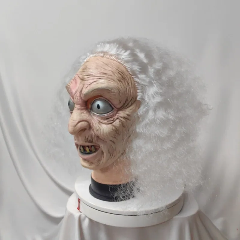 قناع الساحرة للسيدة العجوز مع شعر أبيض لحفلة الهالوين زي اللاتكس وحش ذو عيون كبيرة رجل عجوز للنساء قناع تنكر مخيف #5