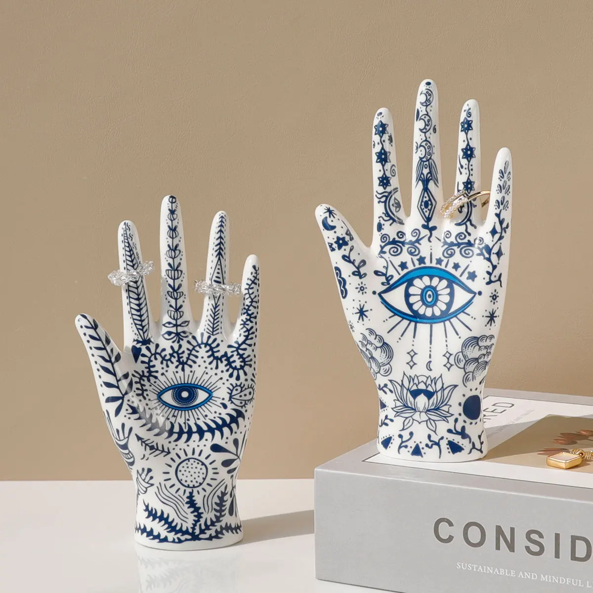Devil's Eye of Fatima Jewelry Display Holde Ceramic Mannequin Hand Stand Designed for Necklaces, Bracelets, Rings