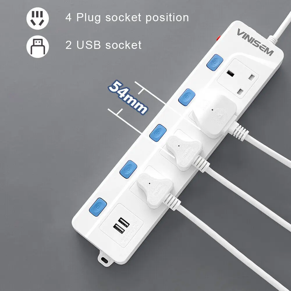 4 Way Gang 2M Cable Power Universal Plug UK Outlet Power Strip with Extension Cord AC USB Port Charge Electrical Socket