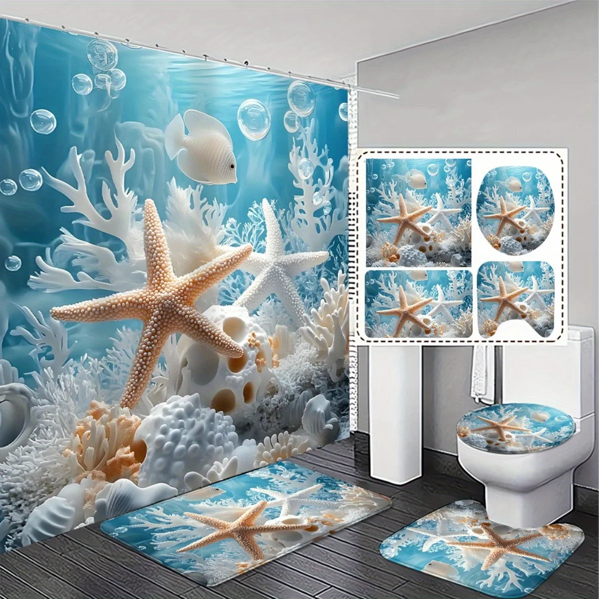

Ocean Theme 2D Flat Shower Curtain Set Non Slip Bath Mat Bathroom Decor Home Decoration Gift Set