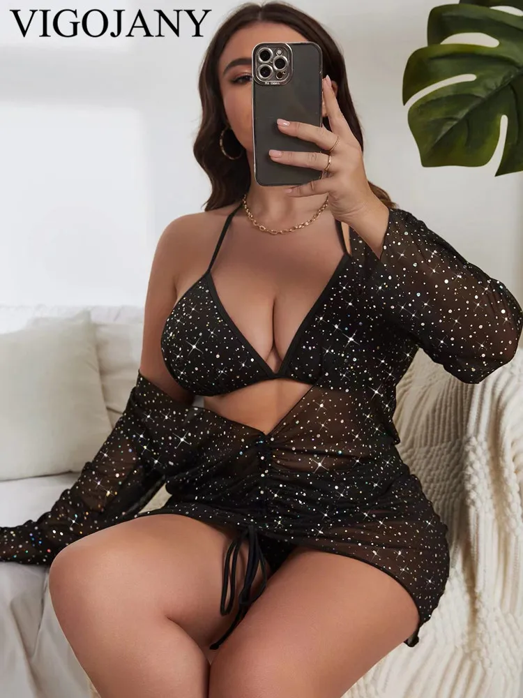 VigoJany 2024 Black 3 Piece Mesh Smock Plus Size Bikini Set Women Tied Halter Push Up Big Swimsuit Backless Chubby Bathing Suit