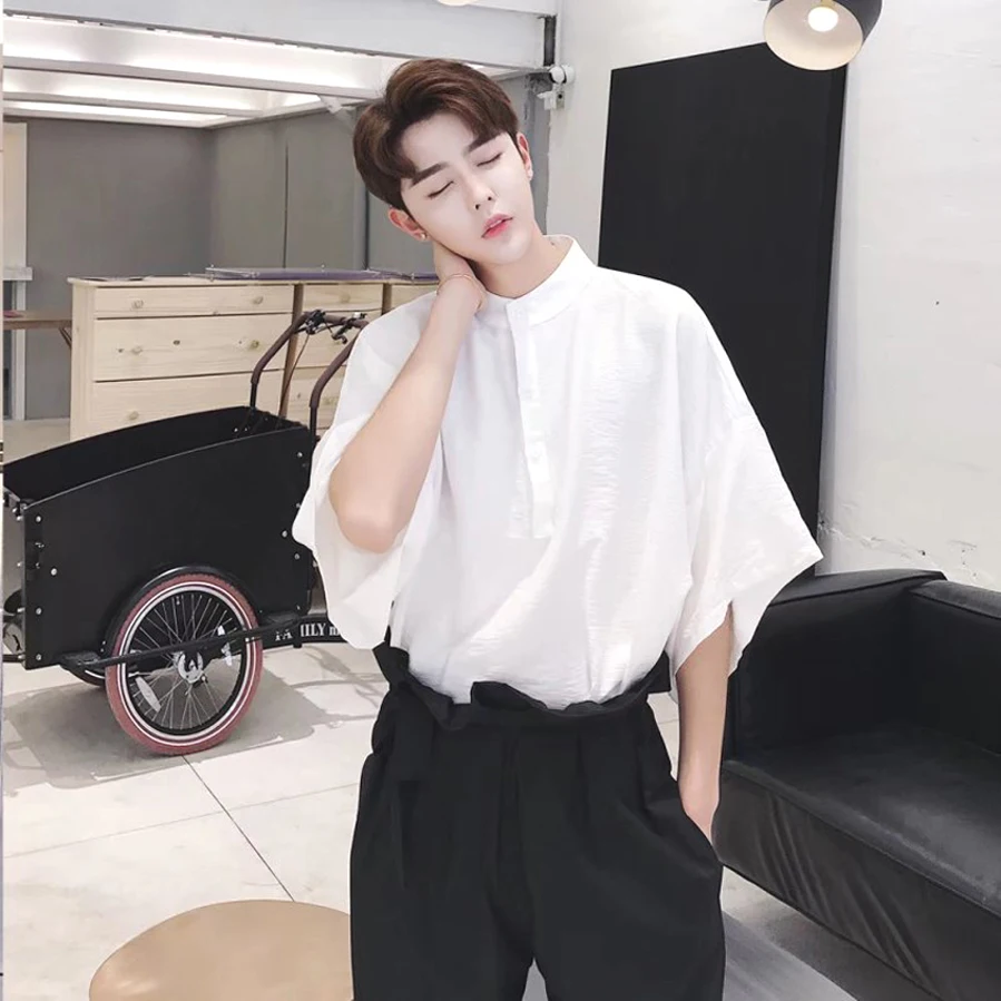 Loose Fit Ice Silk Overhead Shirt Men's Design Sensation Five-Point Short Sleeve Trendy White Shirt Autumn Youth  Pure Color