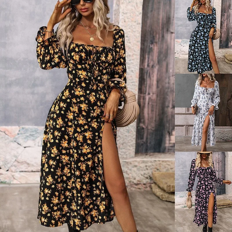 

Women's Summer High Waist Fit and Flare Slimming Dress Floral Printed A-line Sexy Split Side Long Sleeved Square Neck Slit Dress