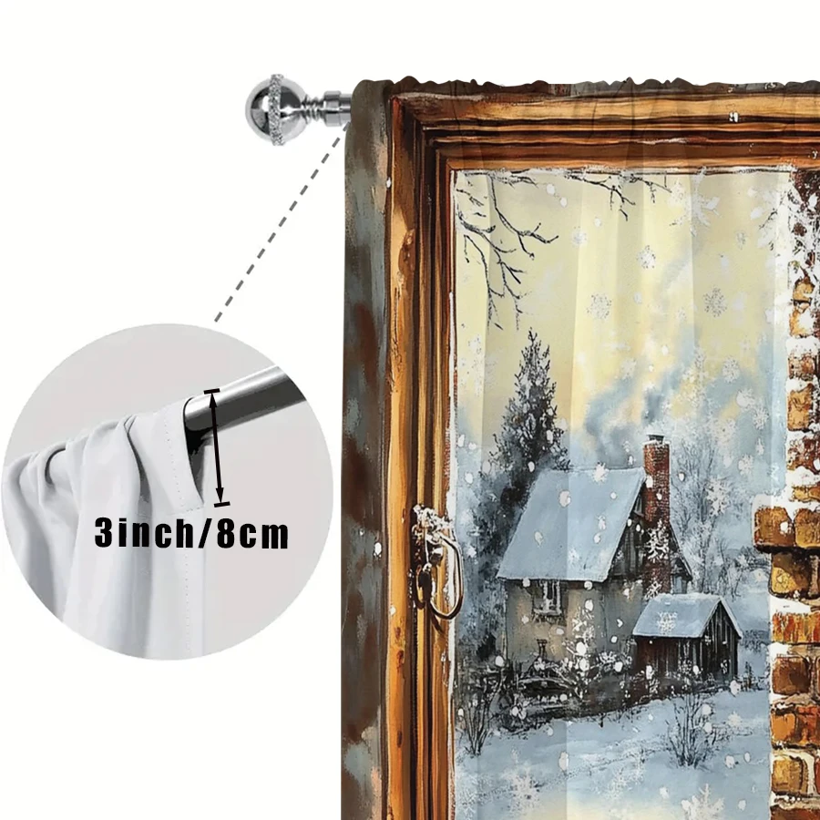 2PCS Santa Chimney Christmas Curtains, Window Frame Snowy Cottage Scene, Vintage Holiday Window Drapes for Bedroom Living Room
