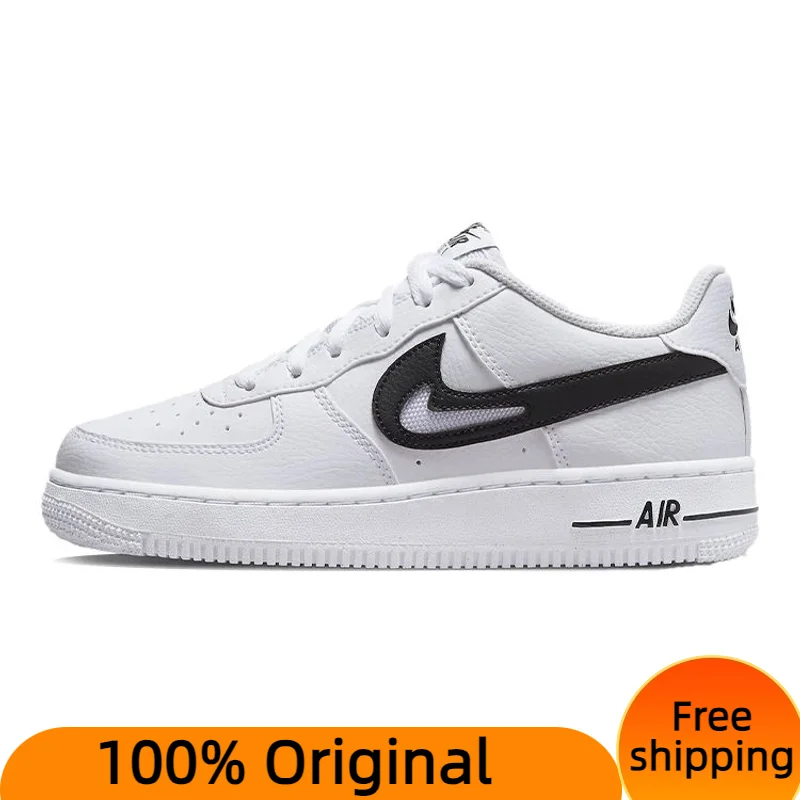 Nike Air Force 1 Low Cut Out Swoosh White Black GS Sneakers shoes With Original Box