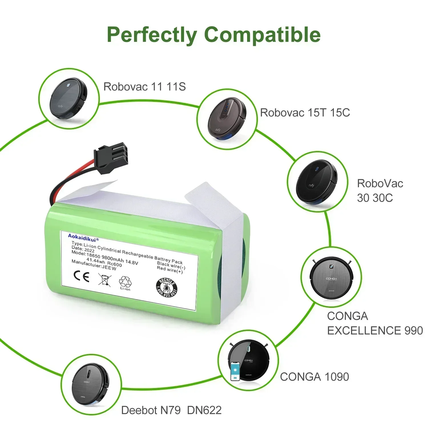 Batería de iones de litio de 14,8 V 9800Ah, Compatible con Eufy RoboVac 11 11S 15C 15T 12 30 35C Conga 990 1090 1190 Deebot N79 DN622