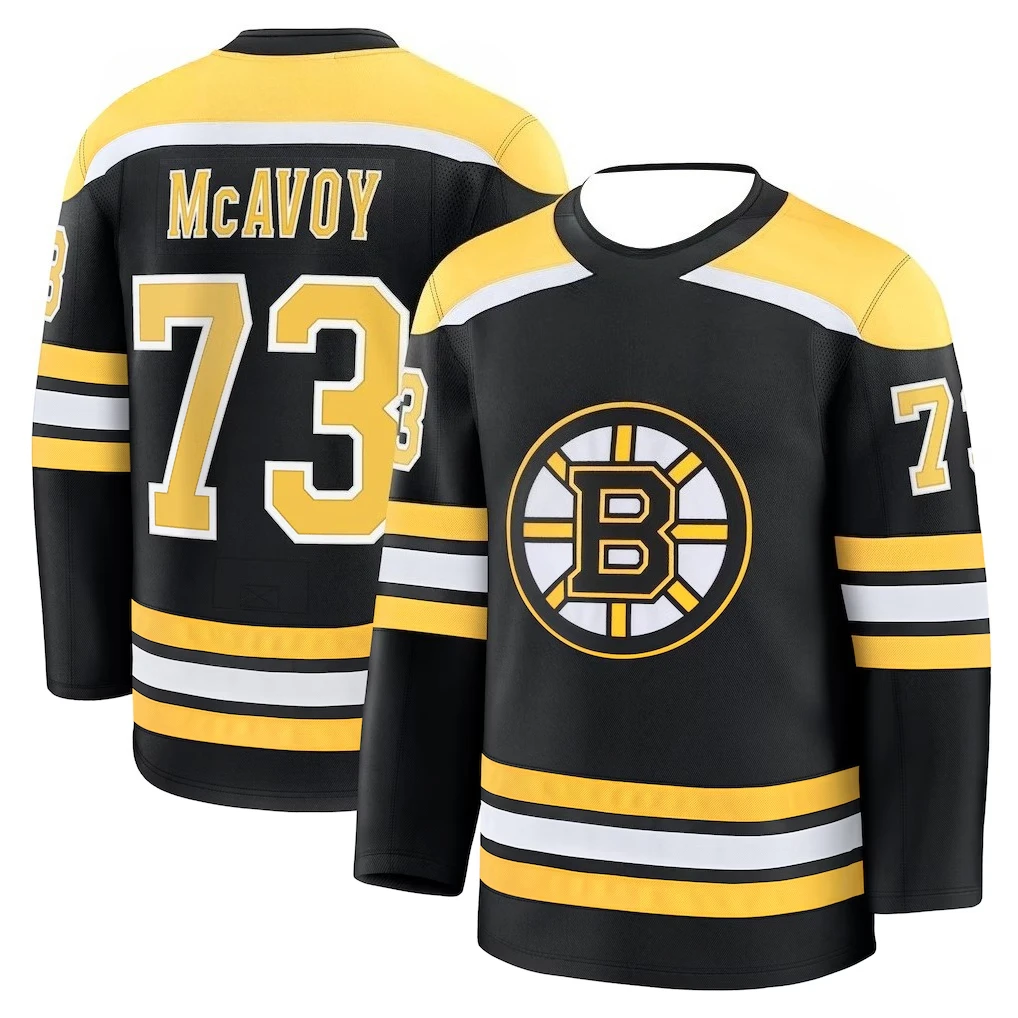 Camiseta de hockey - Negra con detalles amarillos/blancos Logo clásico "McAvoy 73" Capa base cómoda para otoño e invierno