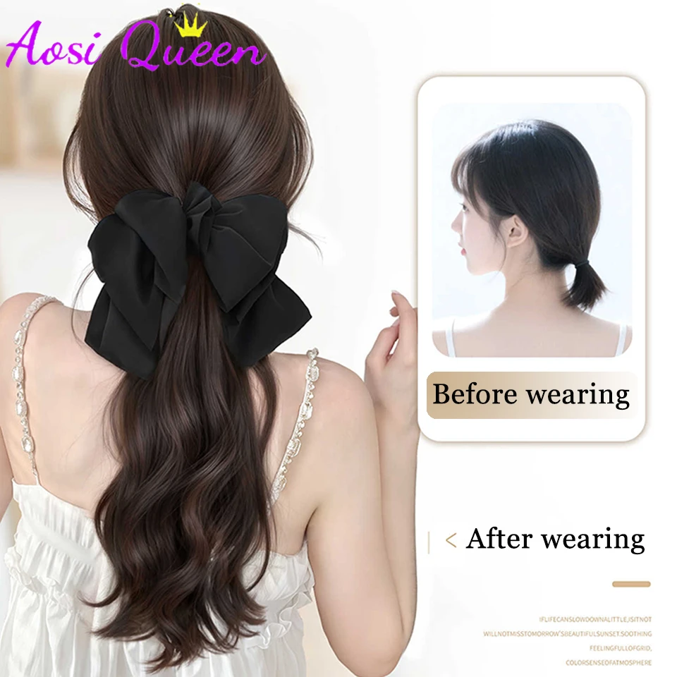 18Inch Synthetic Long Wavy Curly Ponytail With Bow Wig Claw Clip in Ponytail Hairpiece for Women Detachable bow claw clamp
