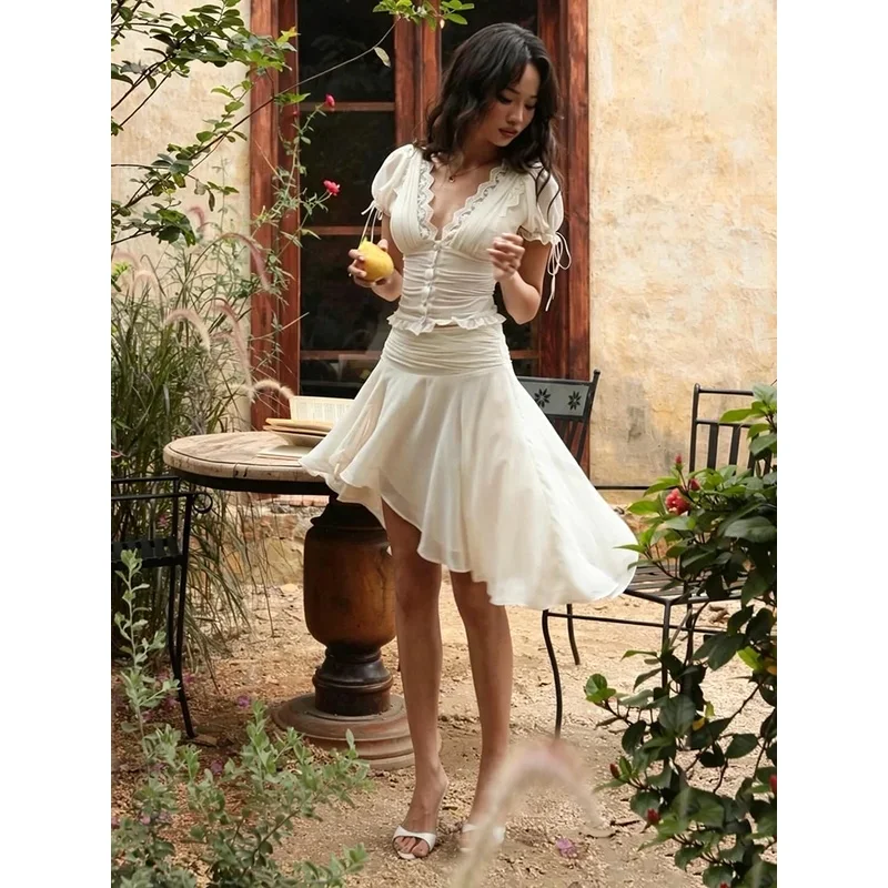 Elegant 2 Piece Skirt Set Women's Sexy Lace Trim V Neck Puff Sleeve Slim Bandage Top Irregular Chiffon Skirt Y2k Vacation Outfit