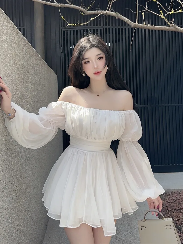 

Chic White One-oulder Lantern Sve Chiffon Dr Women's Winter Pure Desire Tea Ceremony Waist-Cinching ort Skirt
