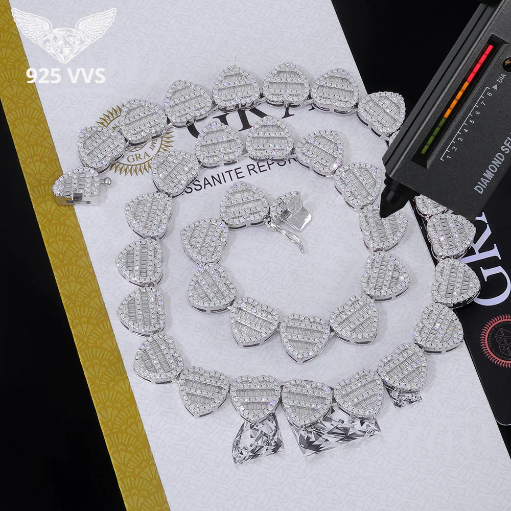 

Теннисная цепочка с муассанитом 925 VVS1, стерлинговое серебро, ширина 12 мм, в форме сердца, бриллиантовое теннисное ожерелье для женщин