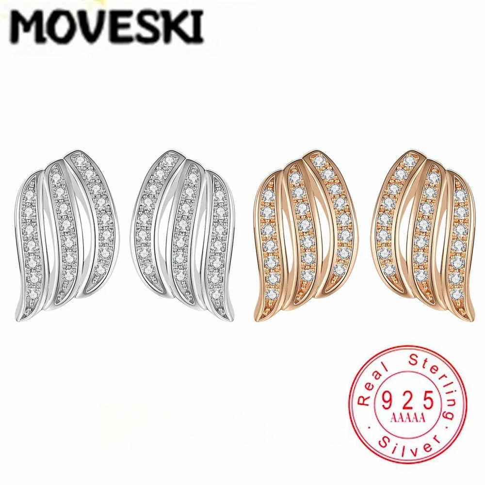 

925 Sterling Silver Moissanite Stud Earrings, Rose Gold Plated Wing Earrings, Sparkling Multi-row Moissanite Jewelry for Women