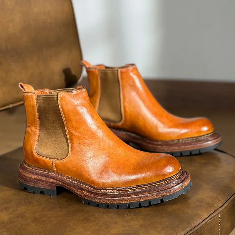 

Handmade Men's Chelsea Boots Genuine Leather Retro Outdoor Work Shoes British Fashion Thick Sole High Top Boots Round Head