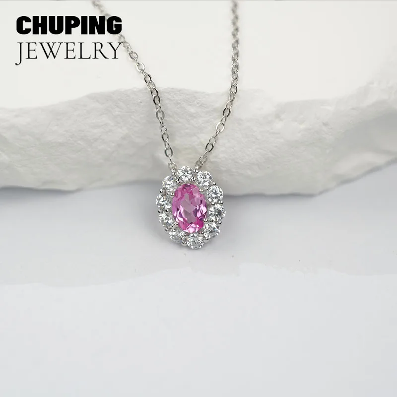 

ChuPing Fine Jewelry Lab Grown Pink&Sapphire 5*7mm S925 Necklace Eye Catching Design & Intricate Detail For Women Classic Party