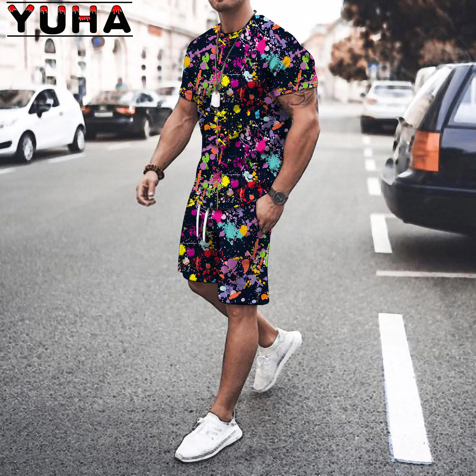 YUHA,Summer Trend Men\'s Suit Casual Beach Shorts Set 3D Print Clothes Graffiti Round Neck T Shirt for Men Short Sleeve 2-Piece S