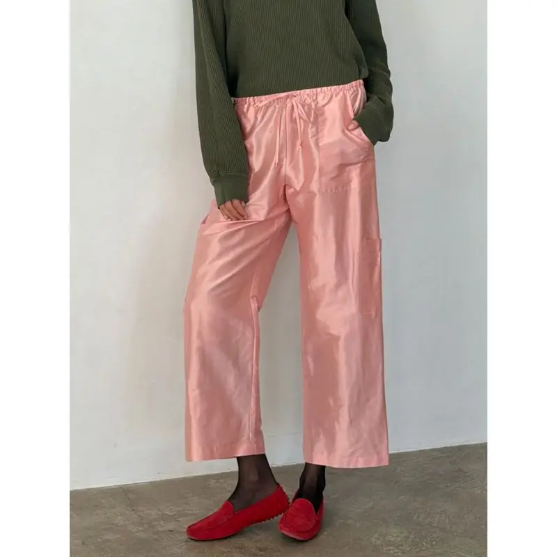 Women's Y2K Drawstring Elastic High Waist Multi Pocket Glossy Cargo Straight Leg Metallic Shiny Cargo Pants Going Out Trousers