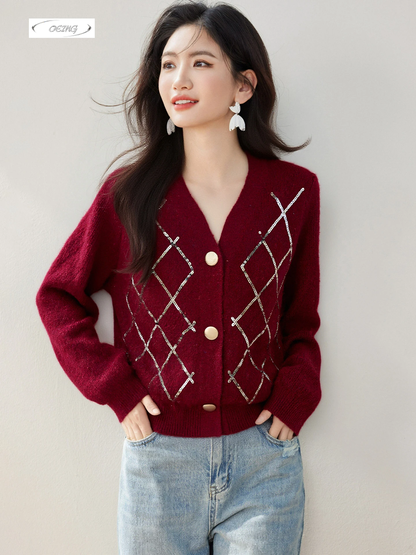 

French Retro Diamond Grid Red V-neck Knitted Cardigan for Women Autumn Winter Elegant Single Breasted Sweater Tops Knitwear 9734