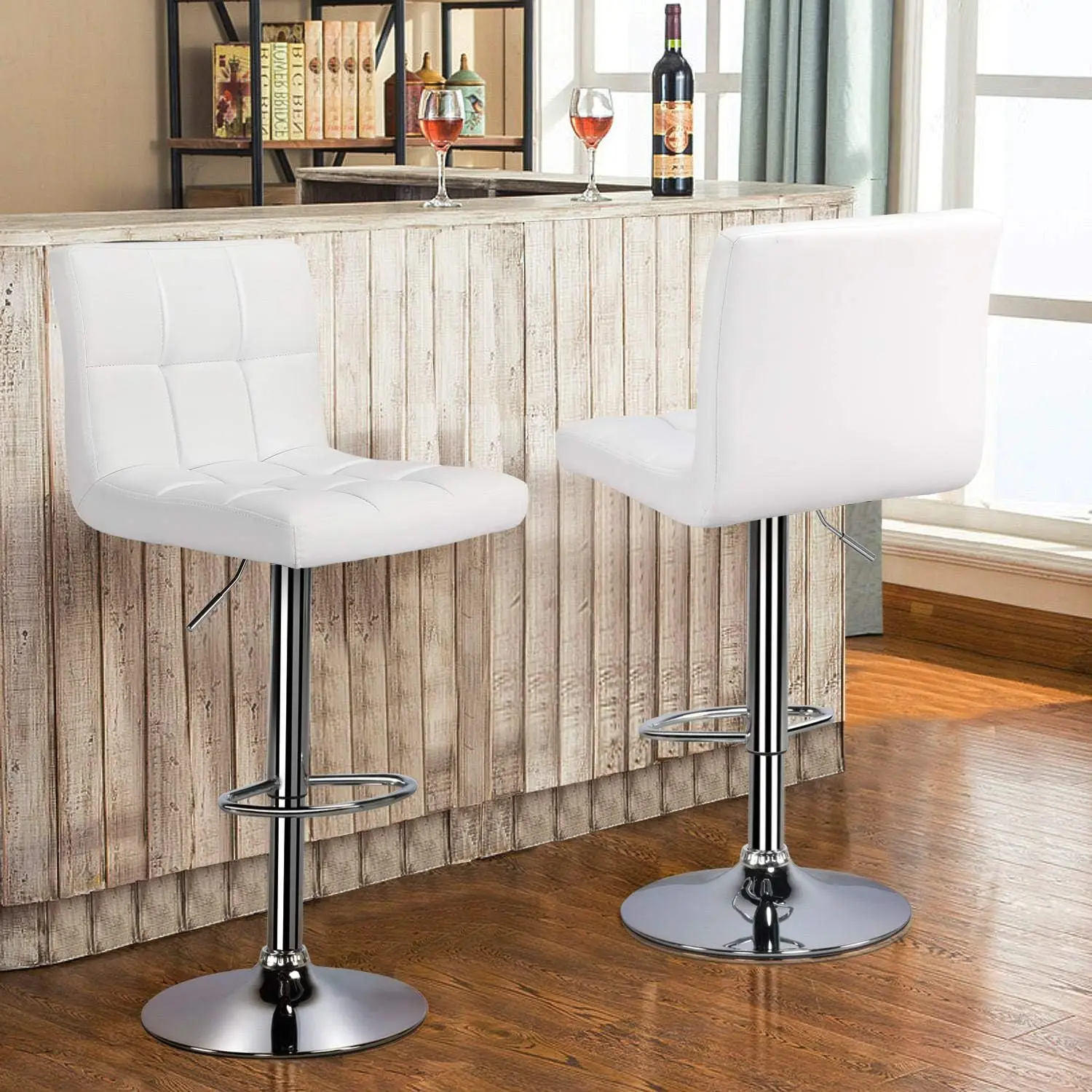 Bar Stools Set of 2, PU Leather Adjustable Swivel Barstools, Armless Hydraulic Kitchen Counter Bar Stool, Set of 2