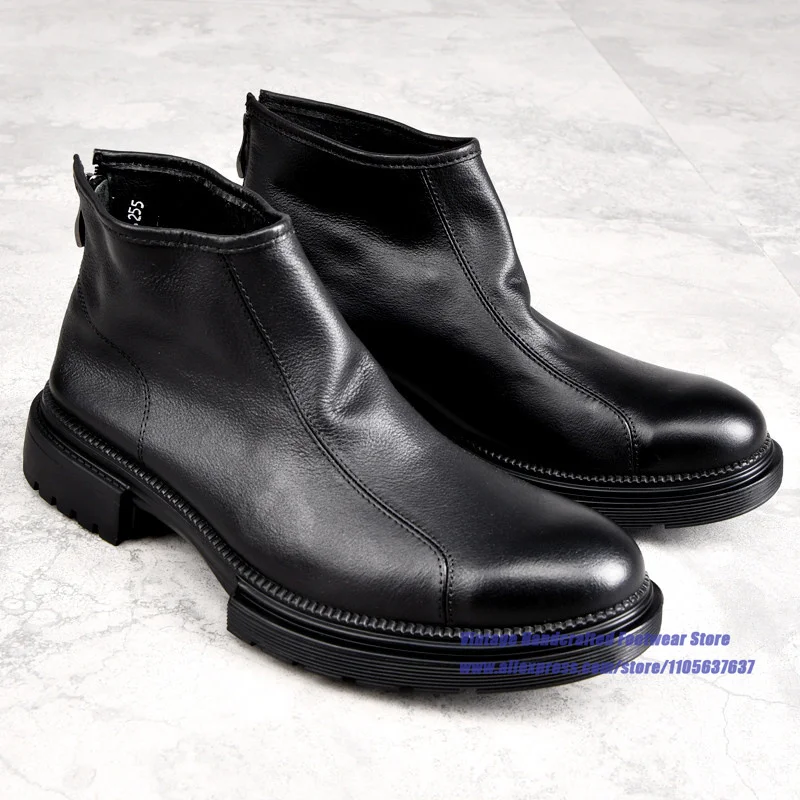 Black Leather Back Zipper Men's Boots Mid-Top Thick-Soled Soft Leather Soft Sole Booties Vintage Handcrafted Men's Shoes